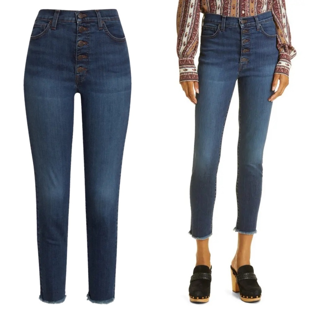 Veronica Beard Debbie High-Rise Button Fly Fray Hem Skinny Jeans Laguna … - Picture 2 of 16